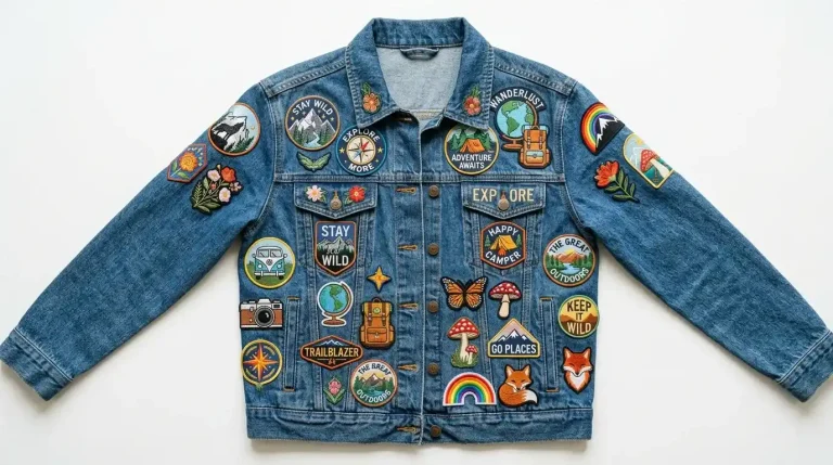 Denim jacket with custom sew on patches NZ showing personalised embroidered designs stitched on fabric.