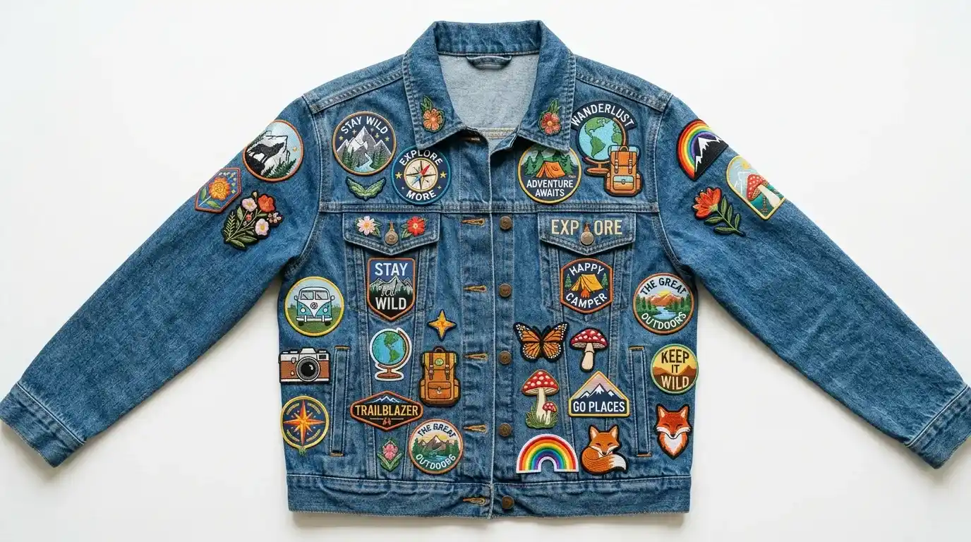 Denim jacket with custom sew on patches NZ showing personalised embroidered designs stitched on fabric.