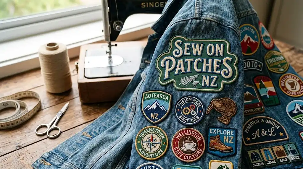 sew on patch placed on the jacket infront of an old school sewing machine.